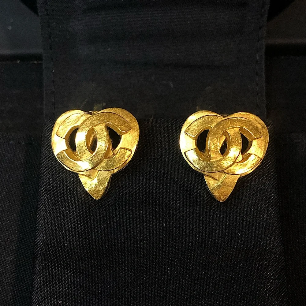 CHANEL CC Interlinked Open Heart Gold Statement Earrings w/ Box